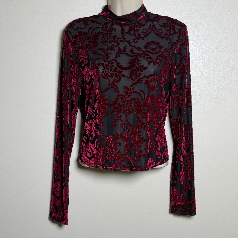BKE Boutique Womens Top M Red Black Floral Damask Sheer Mesh Velvet Gothic Dark